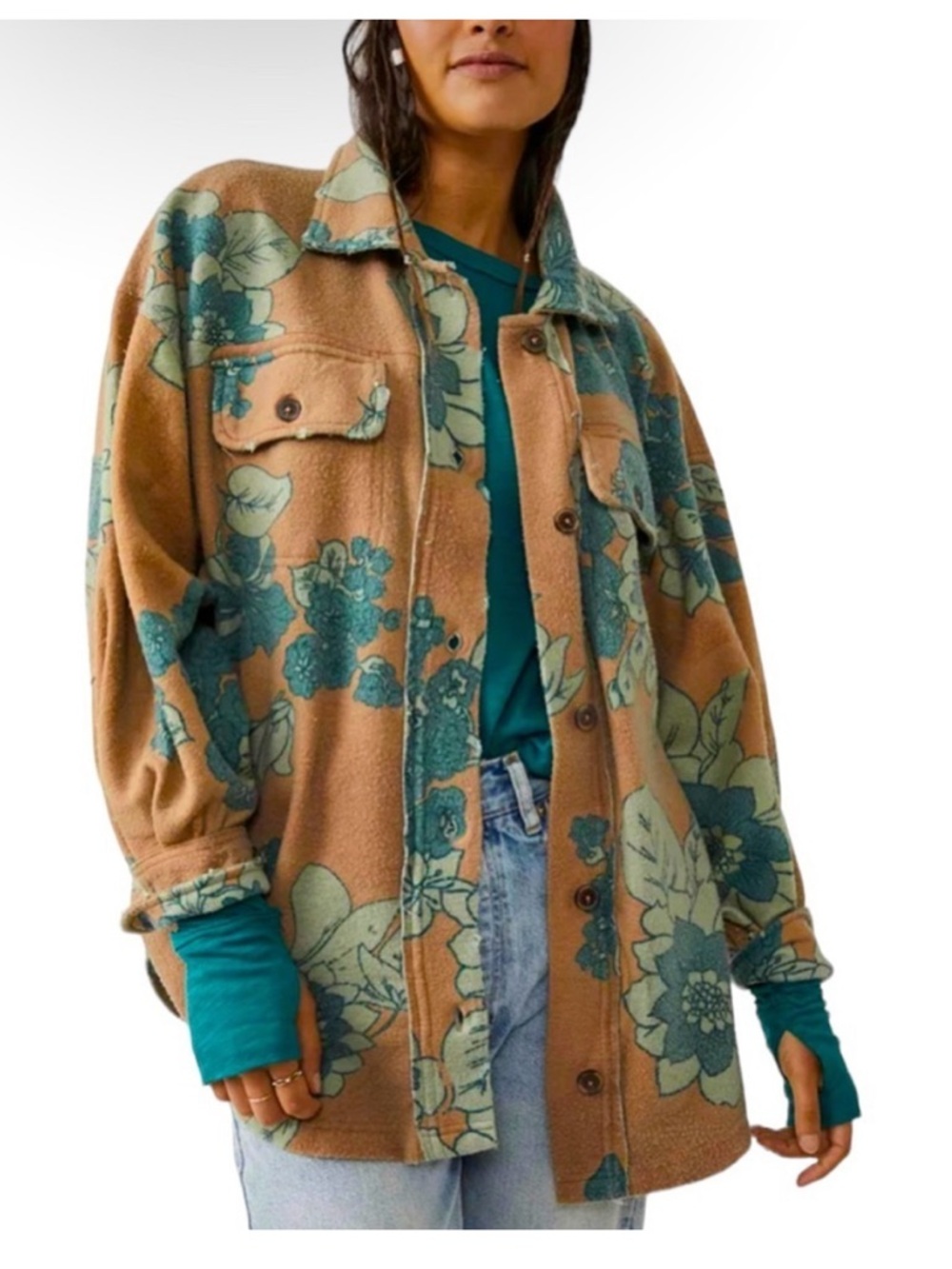 Free People Ruby Floral Shacket in Tan and Blue-Green